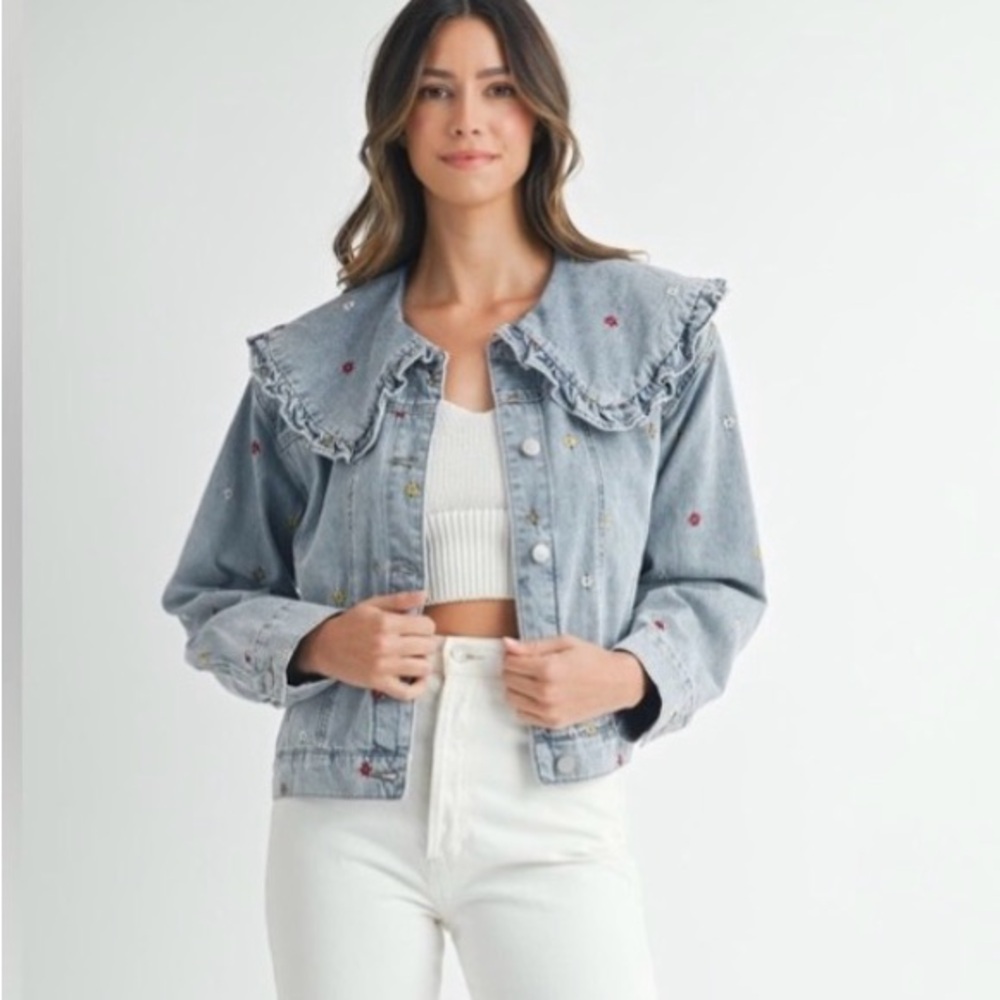 Anthropologie Light Blue Embroidered Denim Jean Jacket